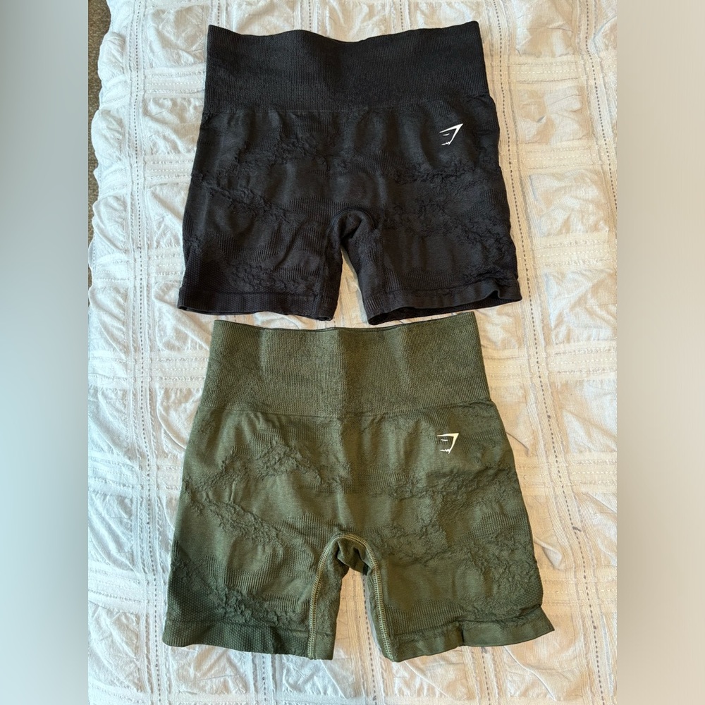 TWO pairs of women’s Gymshark Adapt Camo Seamless shorts, size S